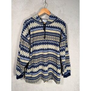 Sostanza Vintage Blue Yellow Fair Isle Quarter Zip Hooded Sweater XL Pockets